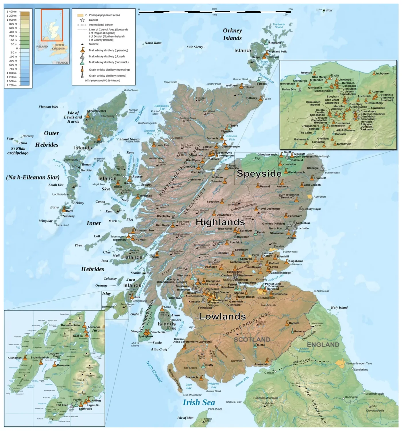 Bản đồ nhà máy whisky khắp Scotland, mật độ dày đặc nhất ở vùng Speyside phía đông bắc