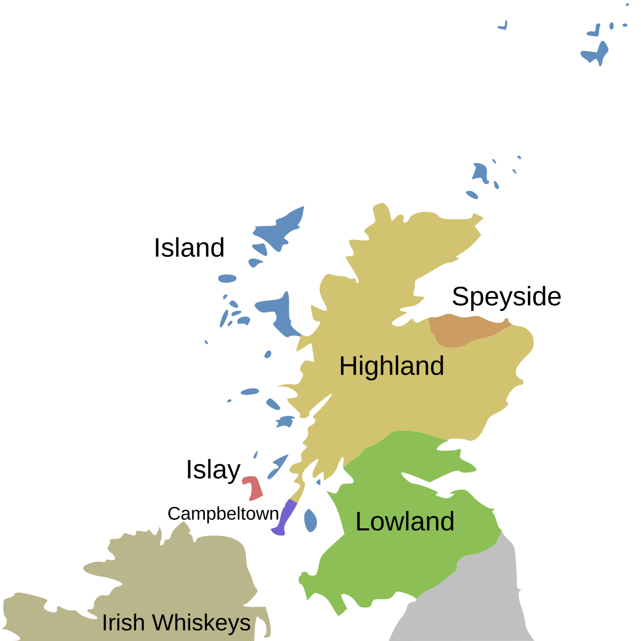 Bản đồ Scotland tô màu năm vùng whisky: Speyside, Highland, Lowland, Islay, Campbeltown