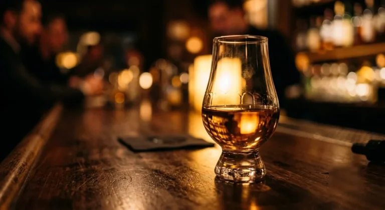 Ly whisky Glencairn trên quầy bar gỗ, ánh hổ phách ấm
