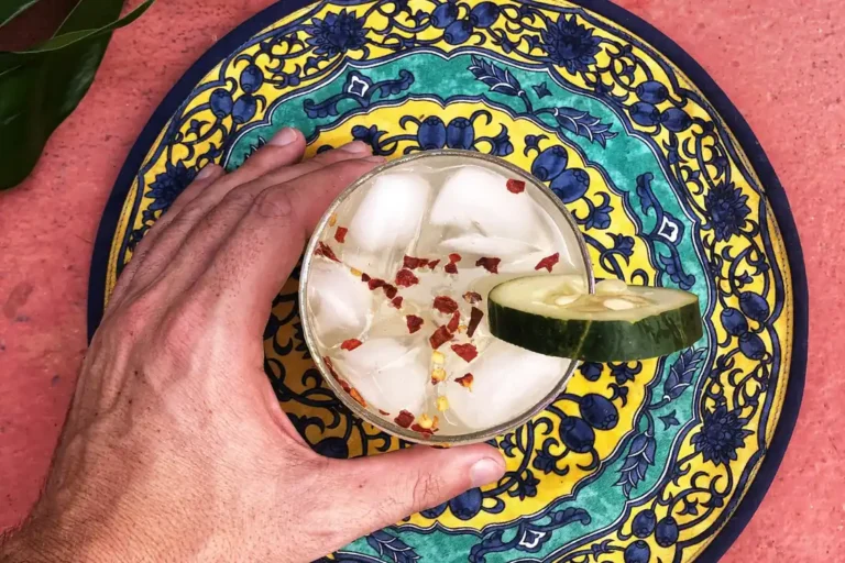Một ly mocktail có đá, dưa chuột và ớt khô, đặt trên đĩa gốm hoạ tiết