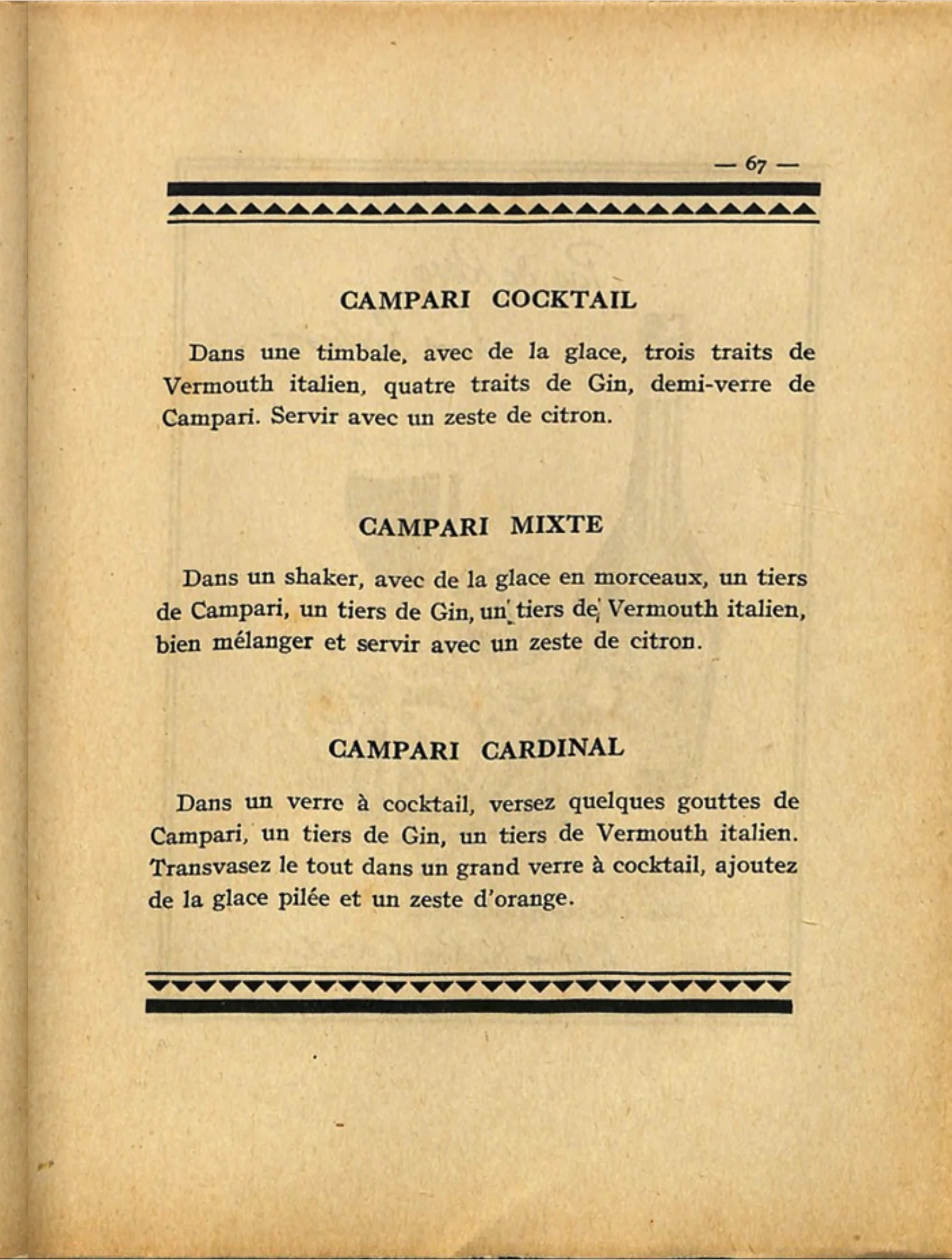 Trang 67 sách L'Heure du Cocktail năm 1929 in ba công thức Campari khác nhau
