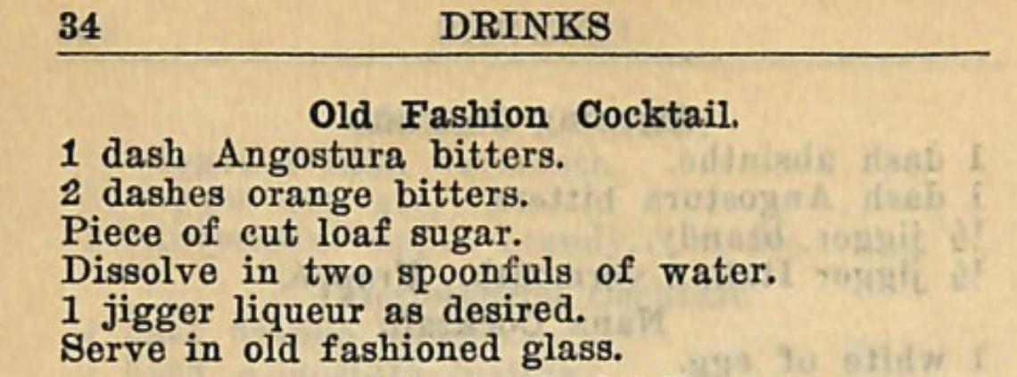 Trang 34 sách Drinks của Jacques Straub năm 1914 in công thức Old Fashion Cocktail không có hoa quả